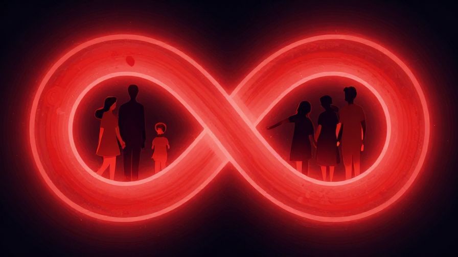 Illustration of a glowing red infinity symbol intertwined with family silhouettes, symbolizing eternal blood ties, vibrant colors, illustrated style