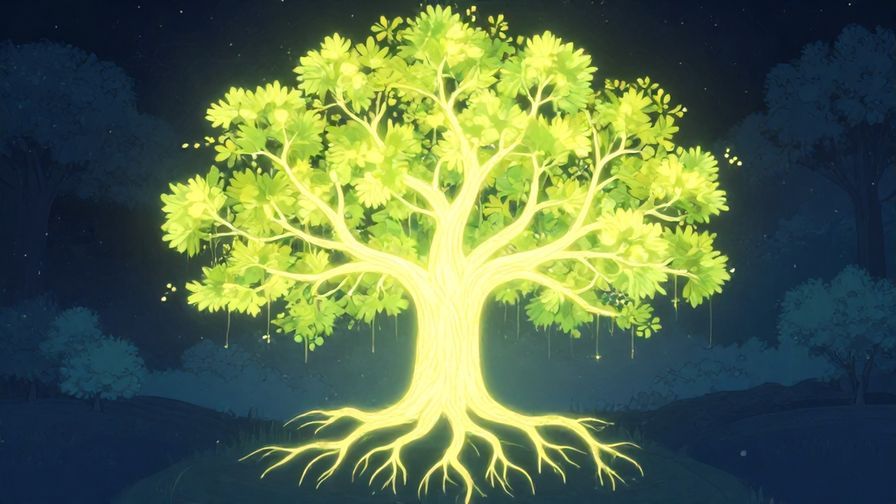 Illustration of a glowing tree with roots and branches spreading wide, symbolizing vitality and life energy, detailed background, vibrant colors, illustrated style