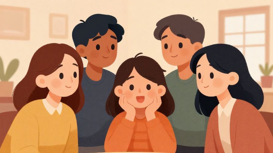 Illustration of a gossiping group with curious expressions, soft indoor lighting, cozy colors