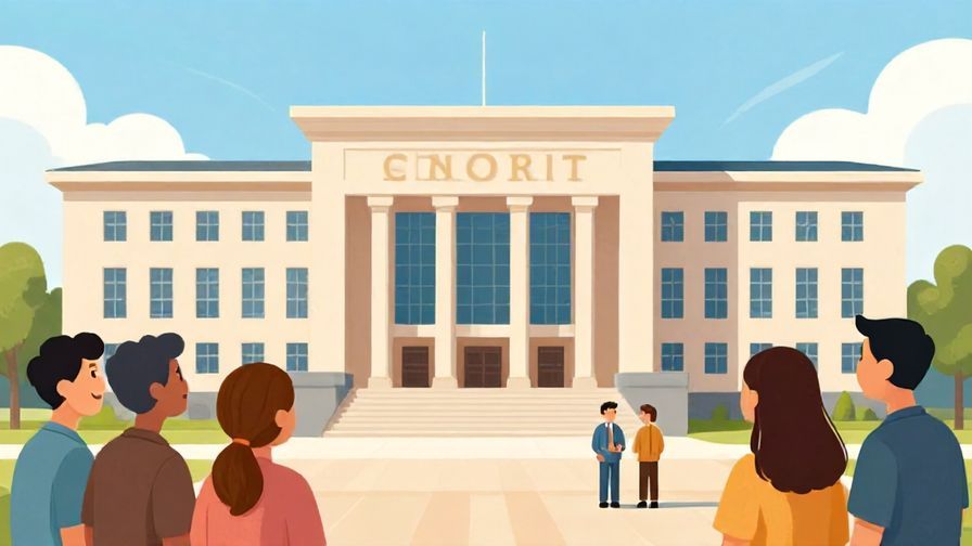 Illustration of a government building with people consulting happily outside, clear skies and respectful atmosphere