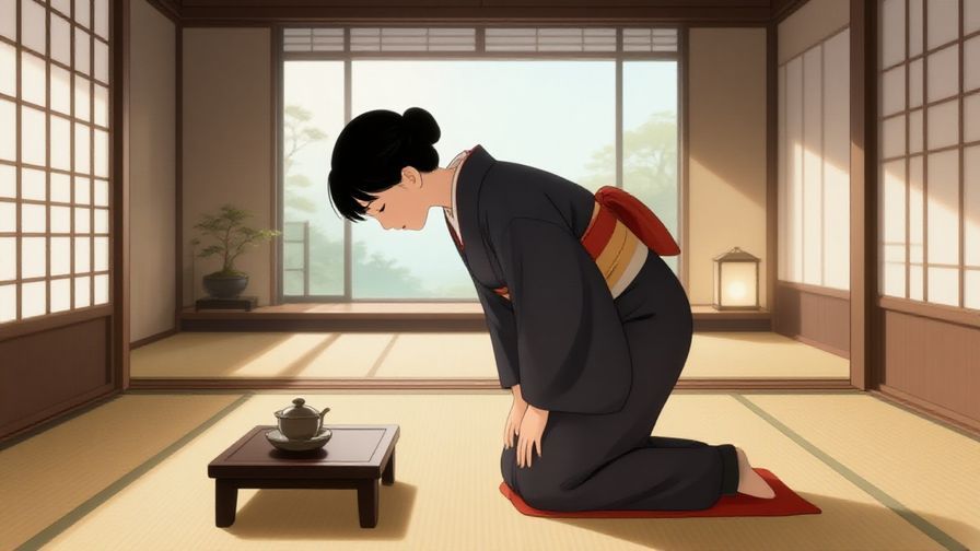 Illustration of a graceful person bowing slightly in a serene room with traditional Japanese decor and soft morning light