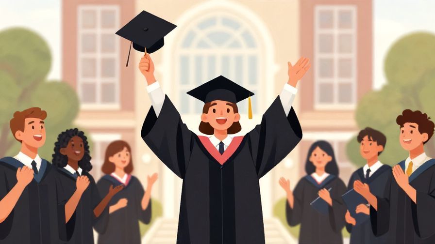 Illustration of a graduate in cap and gown throwing their hat in the air, surrounded by cheering classmates