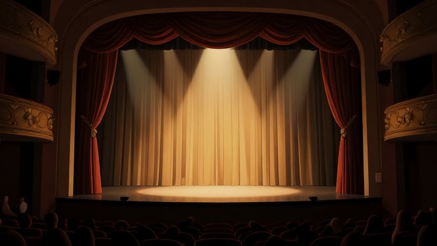 Illustration of a grand theater stage with curtains opening, dramatic lighting, audience in shadow
