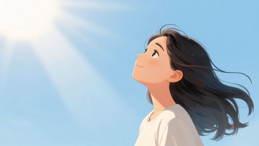 Illustration of a grateful person looking up at a bright sky with rays of light and gentle wind, serene background
