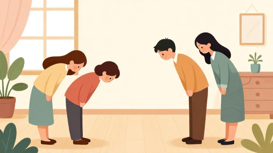 Illustration of a group bowing politely in a bright room with soft pastel decorations, warm and respectful mood