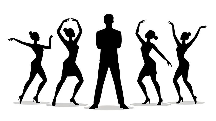 Illustration of a group dancing with one person standing stiff, arms crossed
