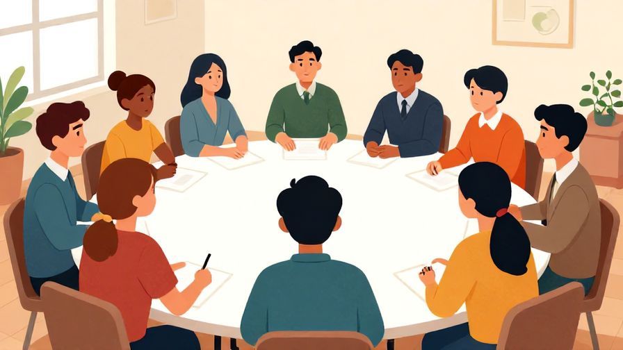 Illustration of a group gathered around a table in a meeting room, focused and serious, vibrant colors, illustrated style