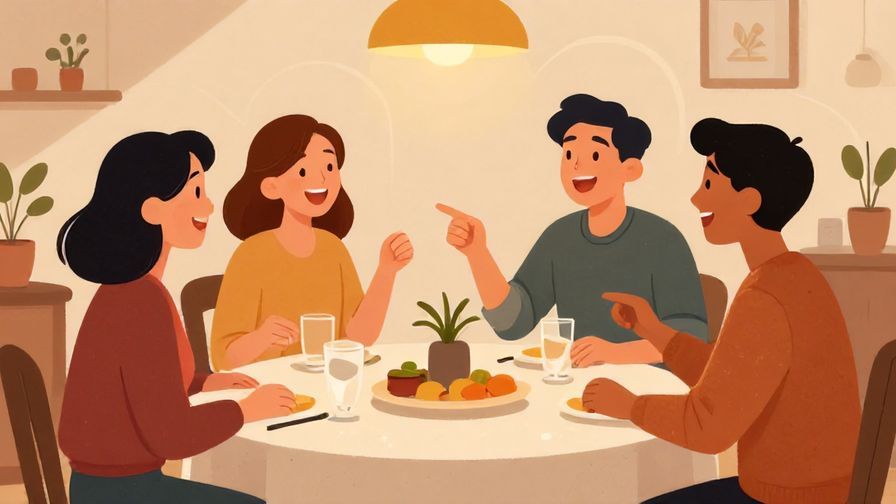 Illustration of a group laughing around a table, one person pointing playfully as another enters, cozy evening scene