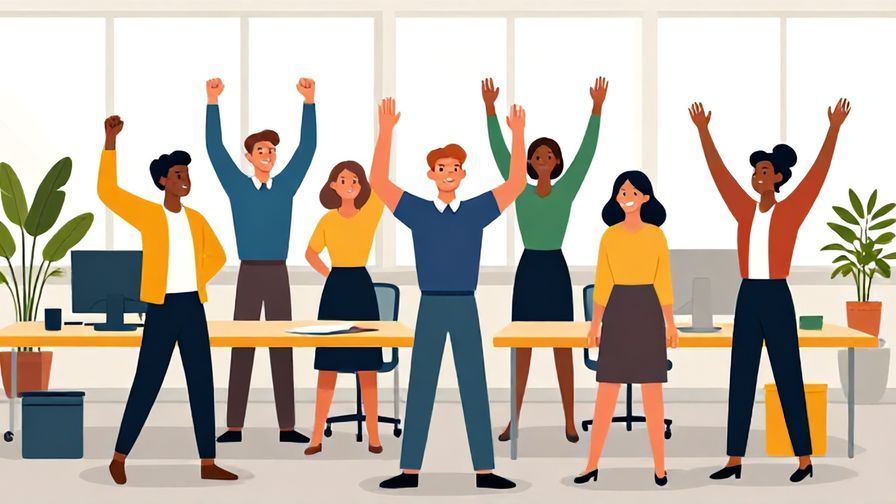Illustration of a group of coworkers smiling and standing up from their desks ready to stretch, office plants and bright windows, colorful illustrated style