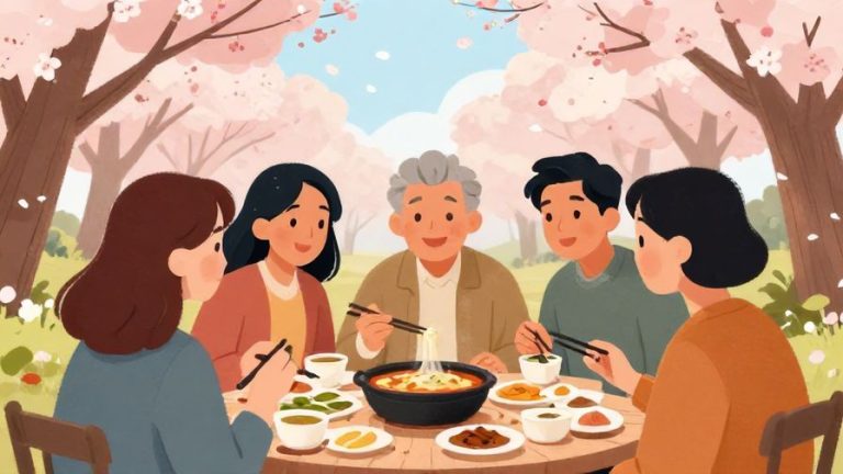 Illustration of a group of diverse friends smiling and sharing food, under cherry blossom trees in spring, joyful and warm atmosphere