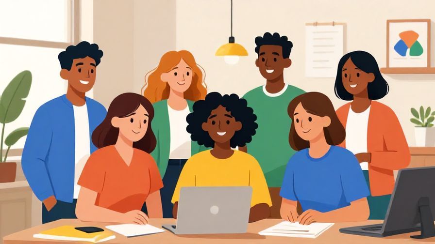 Illustration of a group of diverse people smiling and working together harmoniously, office or community space, vibrant colors