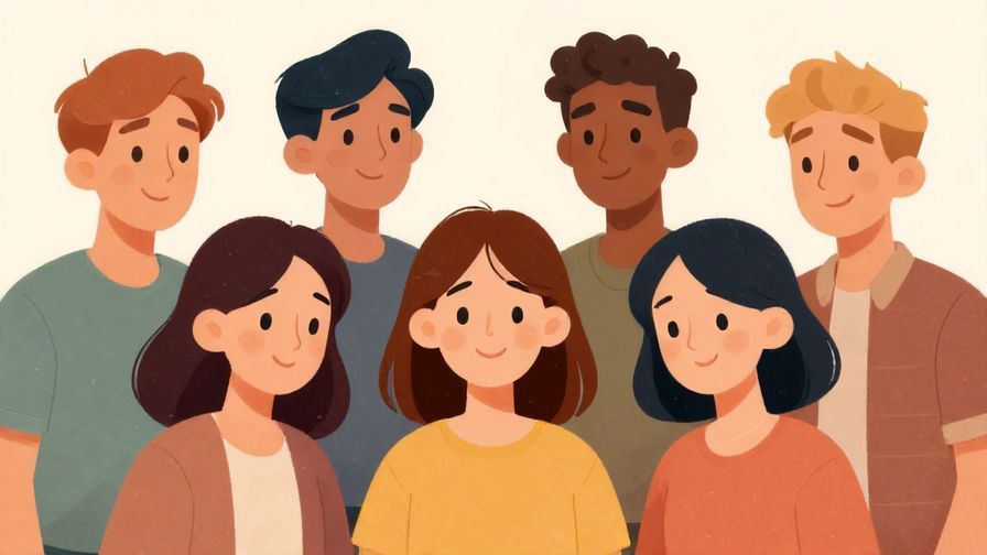 Illustration of a group of diverse people smiling nervously together, soft warm lighting and pastel colors