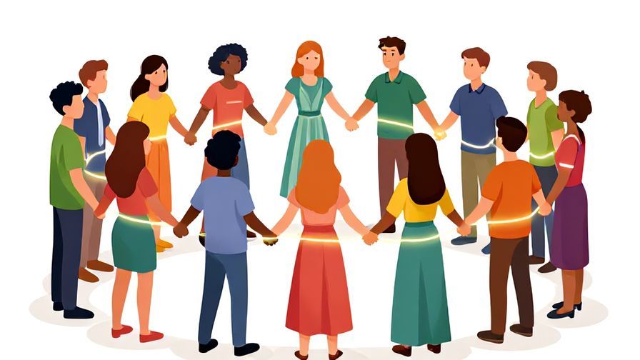 Illustration of a group of diverse people standing united, holding hands, glowing threads connecting them, symbolizing shared destiny, vibrant colors, illustrated style