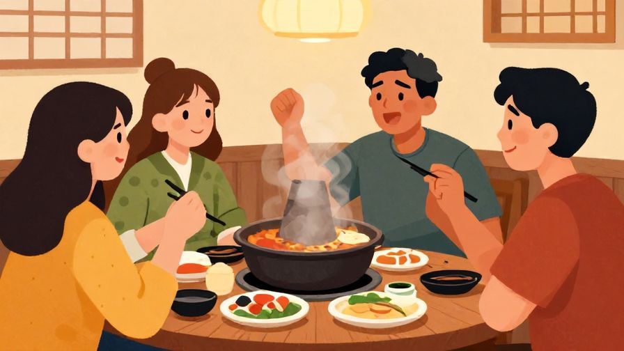 Illustration of a group of friends at a lively izakaya, one person animatedly praising food, bright and warm colors