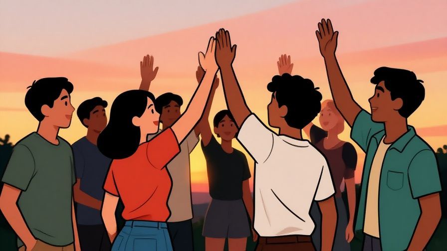 Illustration of a group of friends celebrating with high fives under a sunset sky, energetic and casual vibe