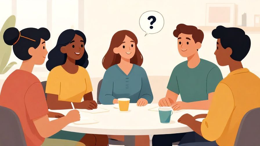 Illustration of a group of friends chatting casually, one asking a question with an inviting smile