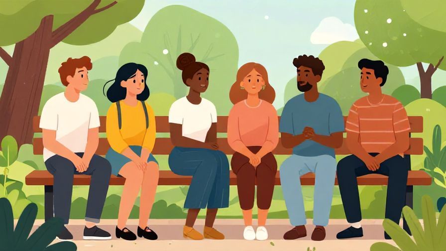 Illustration of a group of friends chatting, one looking a bit regretful and another smiling kindly, park bench scene, vibrant colors