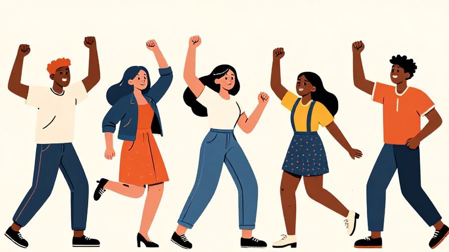 Illustration of a group of friends cheering and ready to start an activity together, casual and cheerful vibe, detailed background, vibrant colors, illustrated style