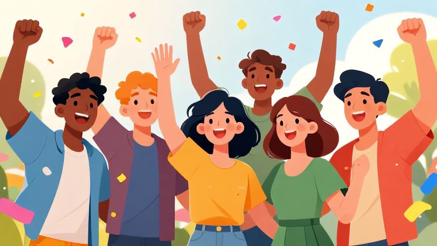 Illustration of a group of friends cheering with big smiles, bright sunlight and confetti around, vibrant festive colors