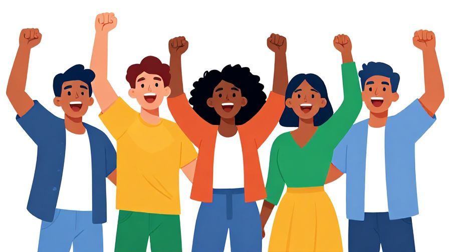 Illustration of a group of friends cheering with excitement, casual clothes, bright and energetic atmosphere, vibrant colors