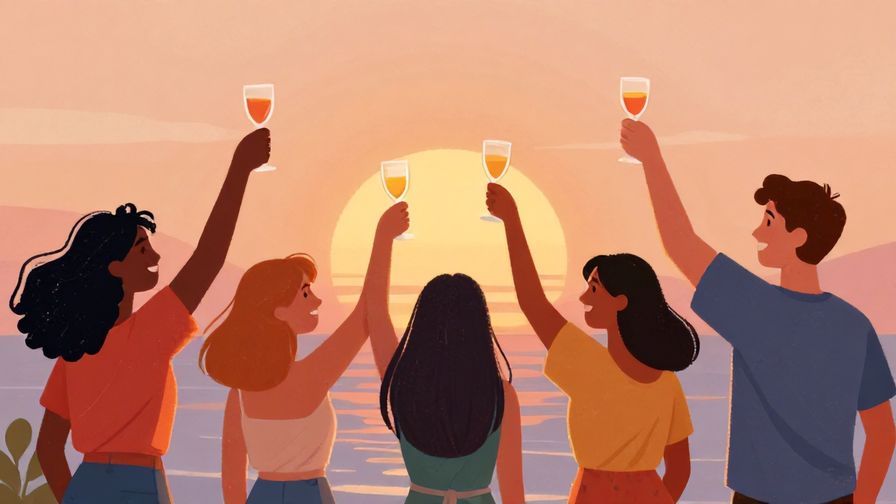 Illustration of a group of friends cheering with raised glasses at sunrise, vibrant colors, illustrated style