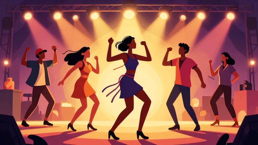 Illustration of a group of friends dancing energetically at a festival with bright lights and upbeat mood