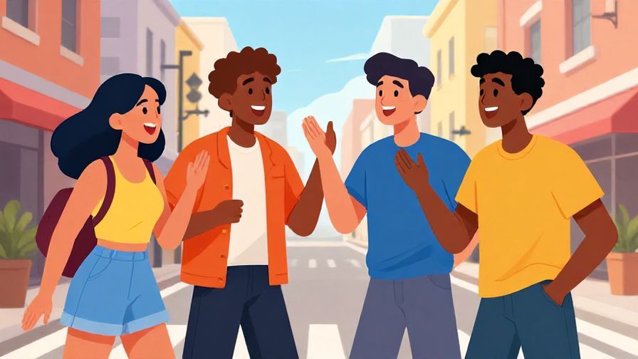 Illustration of a group of friends excitedly agreeing together, vibrant colors, urban street scene