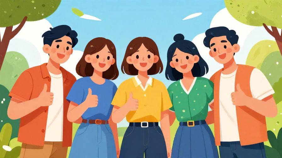 Illustration of a group of friends giving a thumbs-up and smiling, sunny outdoor setting, vibrant colors