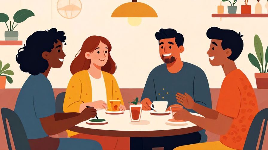 Illustration of a group of friends laughing and chatting casually at a cafe, vibrant colors, fun atmosphere