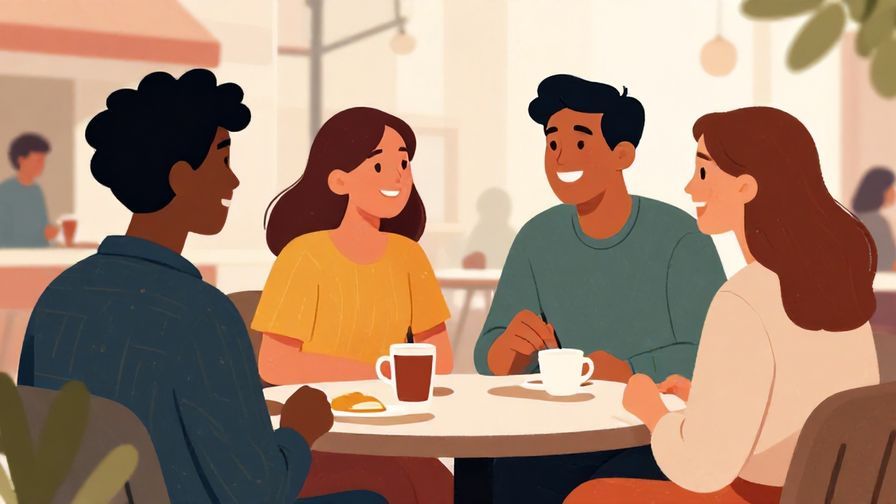 Illustration of a group of friends laughing and chatting informally, lively street scene