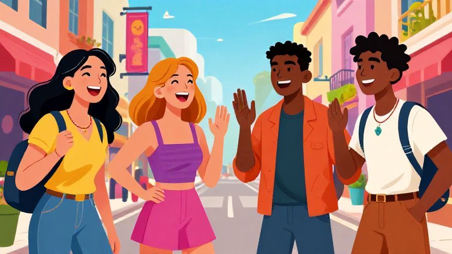 Illustration of a group of friends laughing and deciding to do something fun but slightly rebellious, vibrant street scene