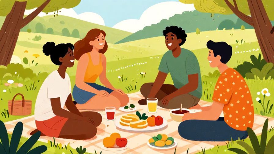 Illustration of a group of friends laughing and enjoying a picnic, vibrant colors, illustrated style