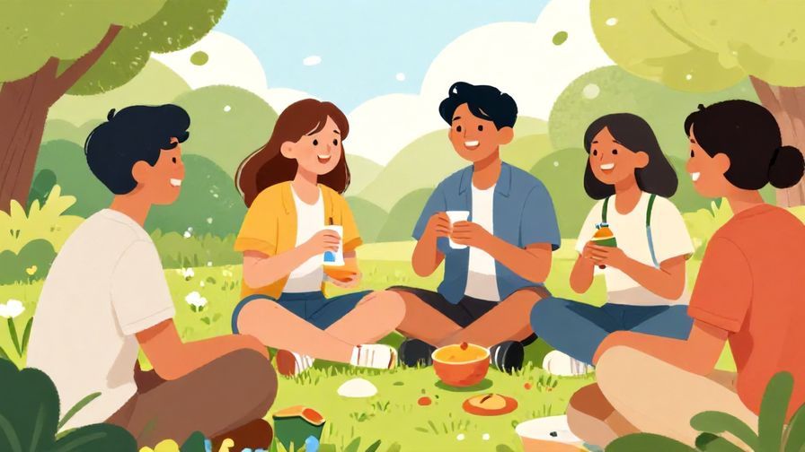 Illustration of a group of friends laughing and sharing snacks in a park, casual and happy atmosphere, bright colors, illustrated style