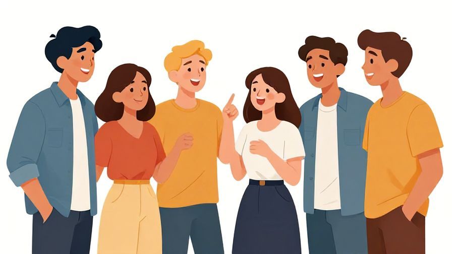 Illustration of a group of friends laughing together in a casual setting, with one person playfully pointing at another, lively colors