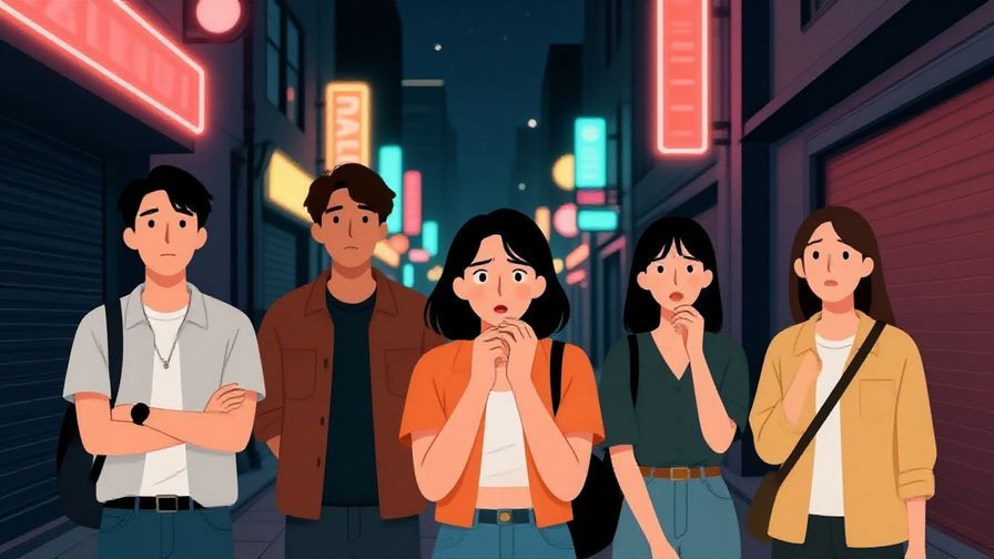 Illustration of a group of friends looking nervously at a dark alley, urban night scene with neon lights