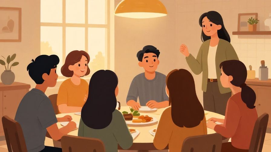 Illustration of a group of friends mid-conversation, one suddenly noticing another arriving, cozy room with warm lighting