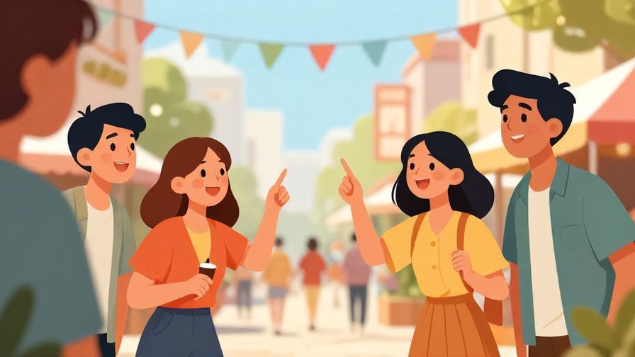 Illustration of a group of friends pointing excitedly at a newcomer, bright street festival background
