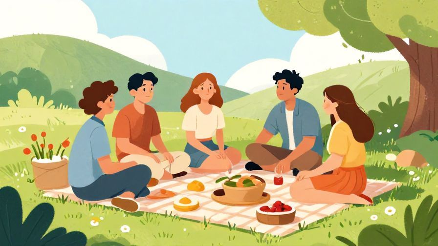 Illustration of a group of friends relaxing together, chatting comfortably, casual summer picnic setting, illustrated style