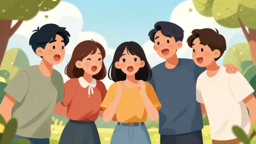 Illustration of a group of friends shouting playfully, one looking shocked, bright outdoor setting