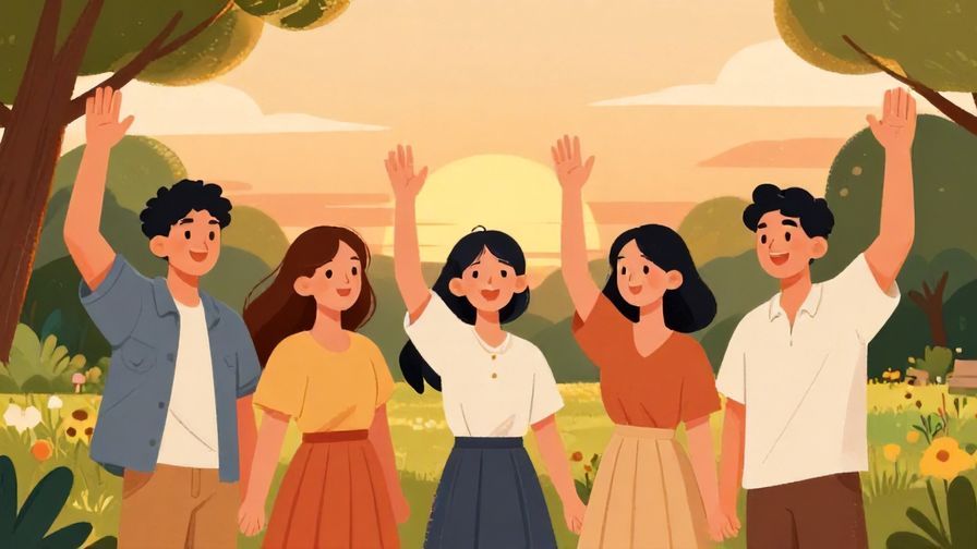 Illustration of a group of friends waving goodbye after a fun day, sunset park background
