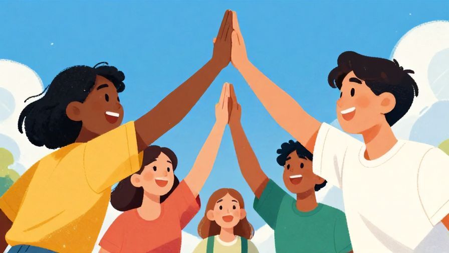 Illustration of a group of happy young adults giving high-fives under a clear blue sky, vibrant colors, energetic mood, illustrated style