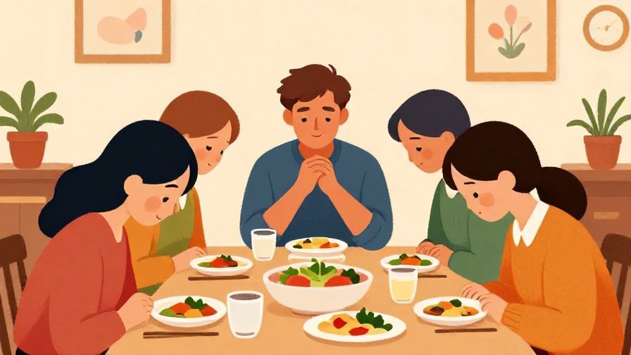 Illustration of a group of people bowing their heads slightly with hands together before starting a meal, warm dining room, vibrant colors, illustrated style
