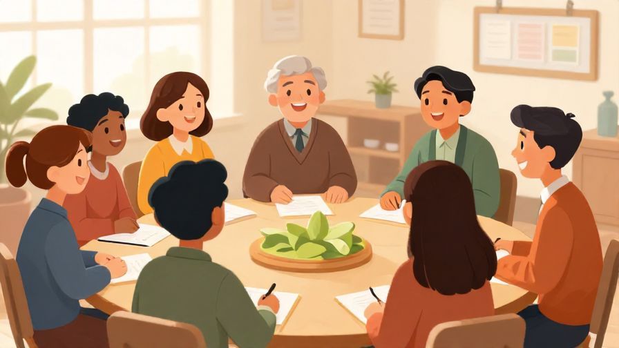 Illustration of a group of people of various ages happily learning together, light and supportive atmosphere