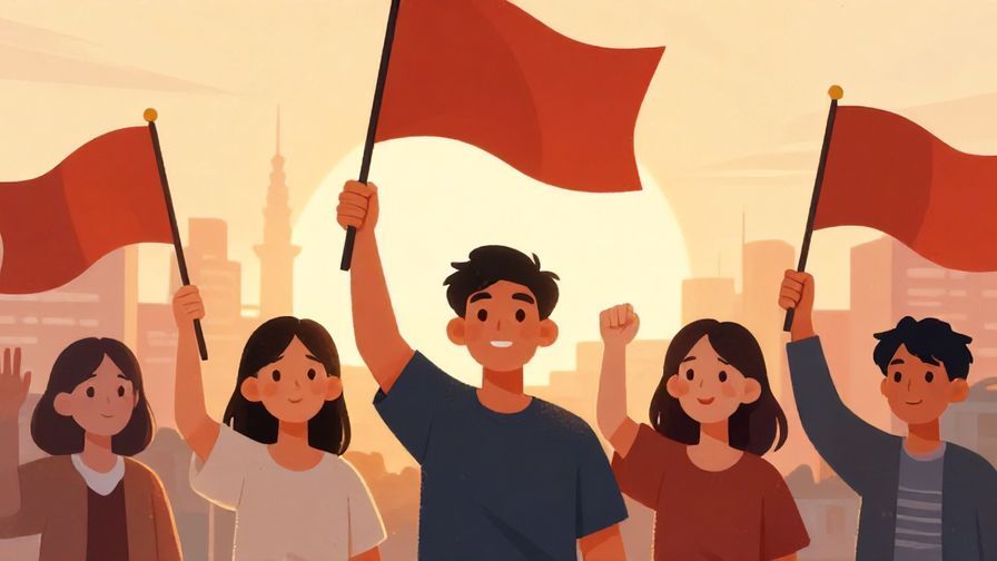 Illustration of a group of people raising flags with determined and hopeful expressions, dawn breaking in background