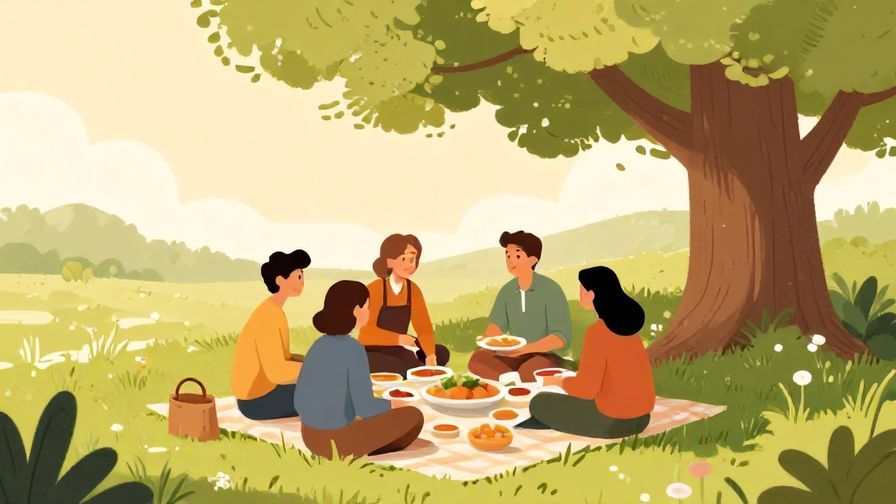 Illustration of a group of people sharing food at a picnic under a large tree, cozy and inclusive scene