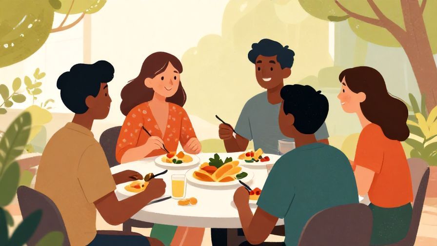 Illustration of a group of people sitting at a lunch table outdoors, sharing food and laughing in soft afternoon light, vibrant colors