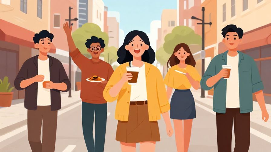 Illustration of a group of young friends excitedly heading out to eat, lively urban street background