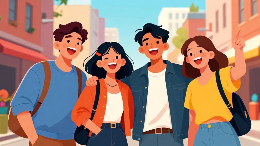Illustration of a group of young friends laughing and pointing at something off-frame, urban street background, vibrant colors