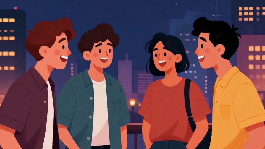 Illustration of a group of young men laughing and challenging each other, nighttime cityscape background, vibrant colors, illustrated style