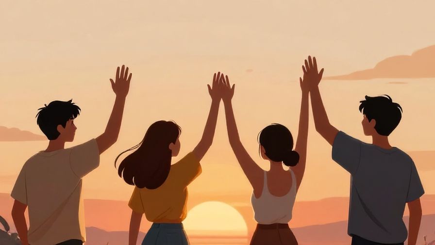 Illustration of a group of young people high-fiving with a sunset behind, energetic and motivating